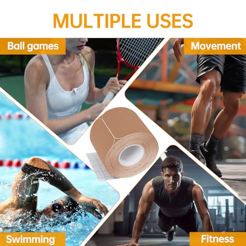 Dimora Uncut Kinesiology Tape - 4 Rolls Pure Cotton Elastic Athletic Tape 65.6 ft in Total, Medical Grade Adhesive Sports Tape for Muscle Pain Relief and Joint Support, Beige
