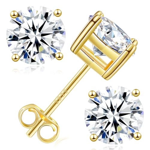 Moissanite Lab Created Diamond Earrings 1.0ctw-3.0ctw Solitaire Studs, D Color VVS1, Hypoallergenic 925 Sterling Silver, 14K Gold Plated, Friction Back - Gift for Women & Men, 4mm, 4P
