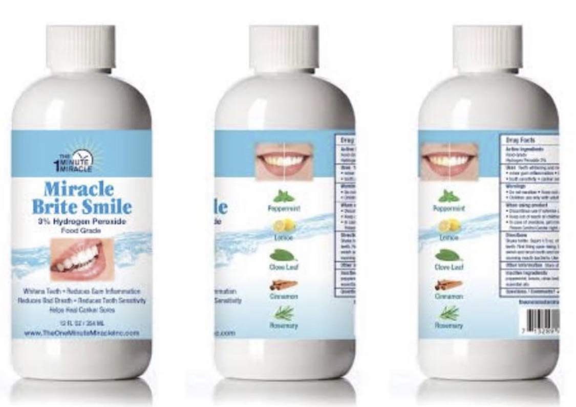 Miracle Brite Smile - Essential Oxygen Rinse Mouthwash for Whiter Teeth, Fresher Breath, and Healthier Gums, Peppermint 12 fl. oz. Our Brand is Reconmended by Dentists.