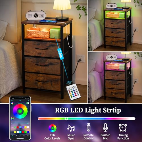 Yoobure Night Stand with Charging Station, 16 Colors LED Nightstand with USB Ports and Outlets, End Table with 3 Fabric Drawers and Storage Shelf, Bedside Tables Small Dresser for Small Space Brown