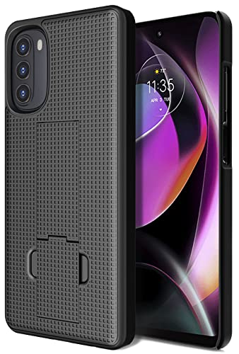 Case with Clip for Moto G 5G (2022), Nakedcellphone Slim Hard Shell Phone Cover with Kickstand and [Rotating/Ratchet] Belt Hip Holster Holder Combo for Motorola XT2213 Series - Black