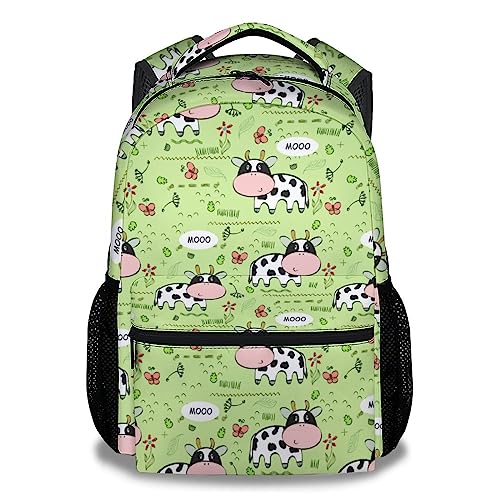 Mercuryelf Cow Backpack for Girls Boys, 16 Inch Green Backpacks for School Travel, Cute Lightweight Bookbag for Kids