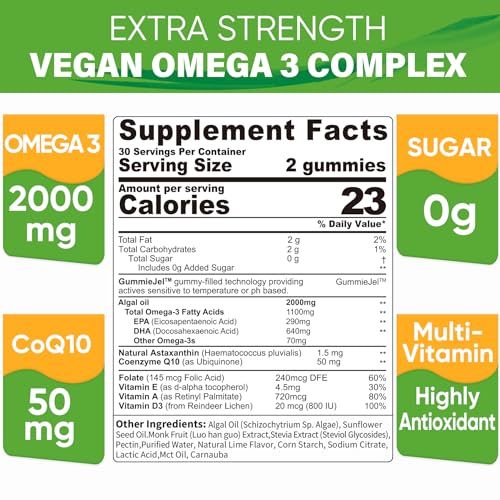 Vegan Omega 3 Supplement Gummies 1100mg, Algae Omega 3 DHA 640mg & EPA 290mg from Marine, with CoQ10, Astaxanthin, Vitamin E, A, D3 for Brain, Eye, Joint, Fish Oil Supplements Alternative, Sugar Free