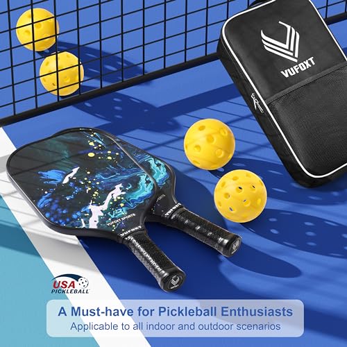 Pickleball Paddles Set of 2, USAPA Approved 99.99% Carbon Fiber Surface Pickleball Sets PP Honeycomb Core Pickleball Rackets, Lightweight Paddles with 4 Balls 1 Bag for Beginners Medium (Blue Waves)