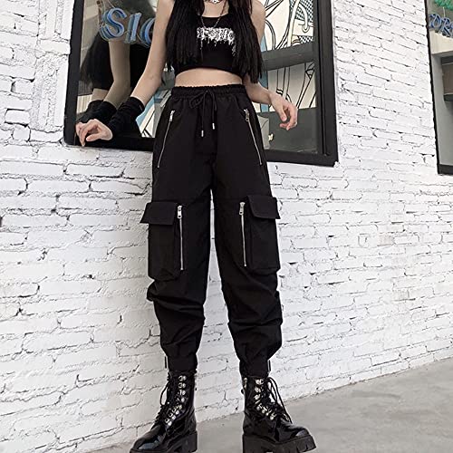 MEINVQIAOTI Black Cargo Pants Women Loose Chained Pants Multi-Pocket Multi-Zip Punk Goth Pants(Black,XS)