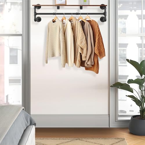 Yawinhe Industrial Pipe Clothing Rack with Shelves, Wall Mounted, Space Saving Closet Rod with 4 Bases, for Shops, Homes, 41.3''Lx10.2''Wx10.2''H, Rustic Brown, 1-Pack