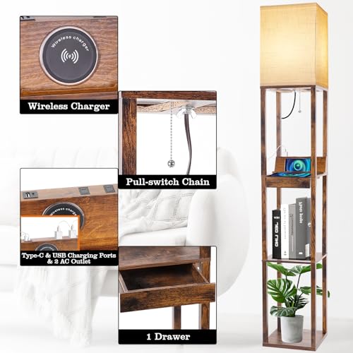 RUNTOP 3-Shelf Floor Lamp with LED Bulbs - Modern Standing Display Shelf Lamp for Living Room, Bedroom and Office (Black)