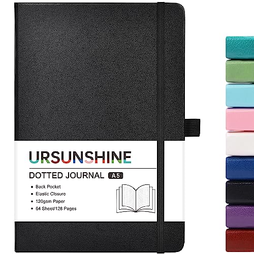 Dotted Journal/Notebook - Dot Grid Hard Cover Notebook, Premium Thick Paper with Fine Inner Pocket, Black Smooth Faux Leather, Pen Loop, 5.3'' x 8.26'' - Light Green