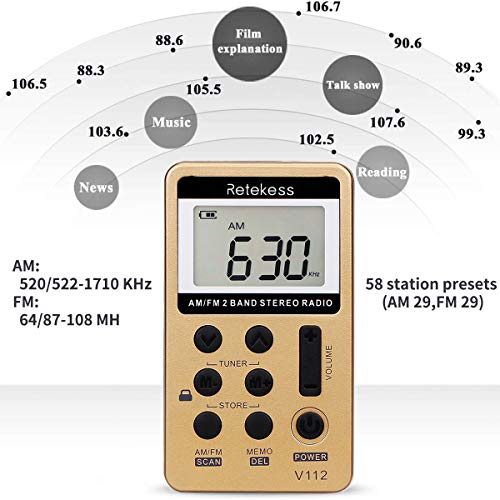 Retekess V112 AM FM Radio Portable, Mini Radio with Earphone Pocket, Digital Tuning Rechargeable Battery LCD Display for Walking Jogging(Gold)