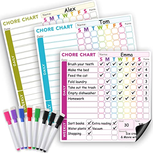 Behavior Reward Chore Chart for 1, 2, Or Multiple Kids, Teens & Adults. Fridge Magnetic Whiteboard Set- 3 Pcs of Individual Dry Erase Responsibility Charts (10x10 Inches Each) & 8 Fine Tip Markers