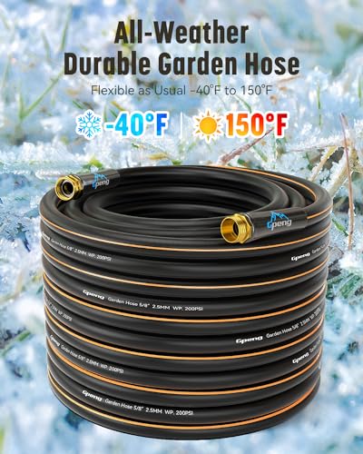 Gpeng Garden Hose 50 ft x 5/8"", Heavy Duty Water Hose with 100% Metal Hose Nozzle, Flexible Hybrid Hose with 3/4'' Solid Fittings for All-Weather Outdoor, Burst 600 PSI, Black_Orange+Nozzle