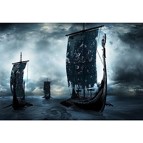 AOFOTO 15x8ft Three Pirate Sailing Ship at Ocean Night Backdrop Happy Halloween Party Decorations Fantasy Galleon Viking Dark Magical Evil Corsair Sea Rover Background Photo Studio Props Vinyl