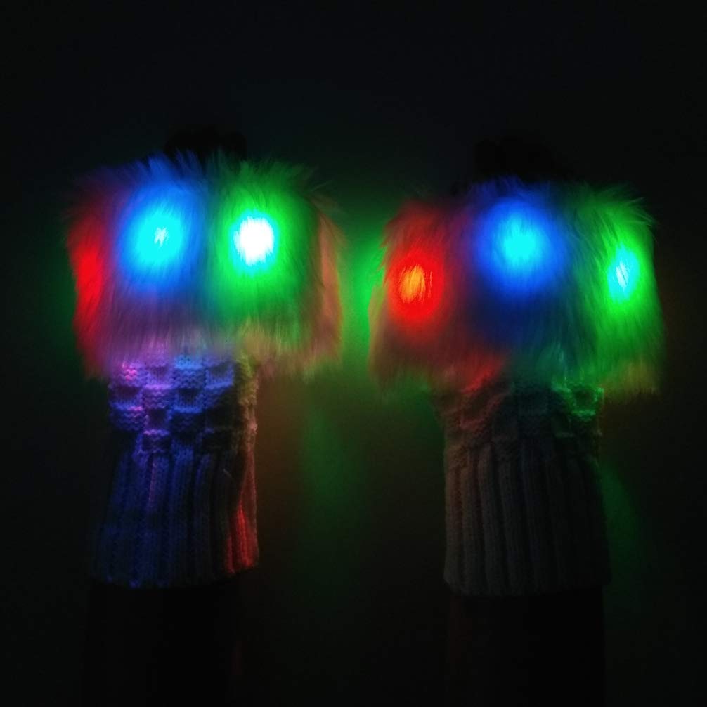 Luwint LED Glow Blink Fur Fingerless Knit Gloves - Funny Light Up Mitten for Party Christmas Halloween Costume