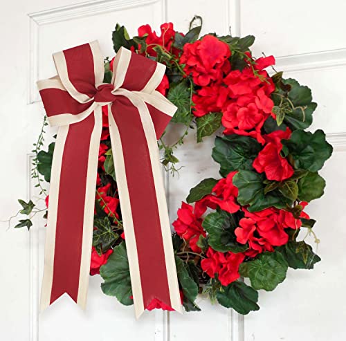 MEEDEE Red And White Striped Ribbon Red And White Wired Ribbon 2.5 Inch Red Fabric Ribbon With Ivory Stripe Edge Red Stripes Wired Ribbon For Wreath Christmas Tree Garland Topper Bow Making (10 Yards)