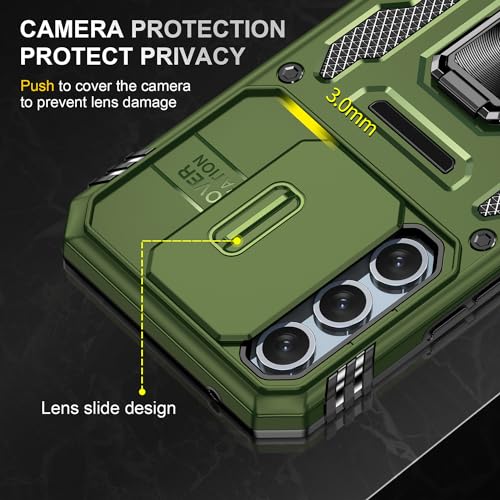 KOBBRAN for Samung Galaxy S23 FE Case with Slide Camera Cover Ring Kickstand Military Grade Shockproof Case Armor Heavy Duty for Galaxy S23 FE Phone Case (Black)