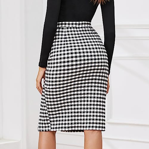 Byinns Women's 2024 High Waist Pencil Skirt Button Slit Work Skirts Plaid Business Bodycon Midi Skirt Knee Length