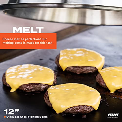 OUII Flat Top Griddle Accessories Set for Blackstone and Camp Chef Griddle - 12 Inch Heavy Duty Round Basting Cover Cheese Melting Dome with Cast Iron Burger Bacon Press & Basting Brush