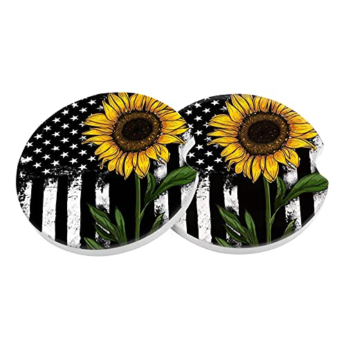 Car Coasters 2 Pack, Small 2.56" Stone Car Cupholder Absorbent Coaster Set for Women Men Drink Cup Holder Coasters (Sunflower&Roses)