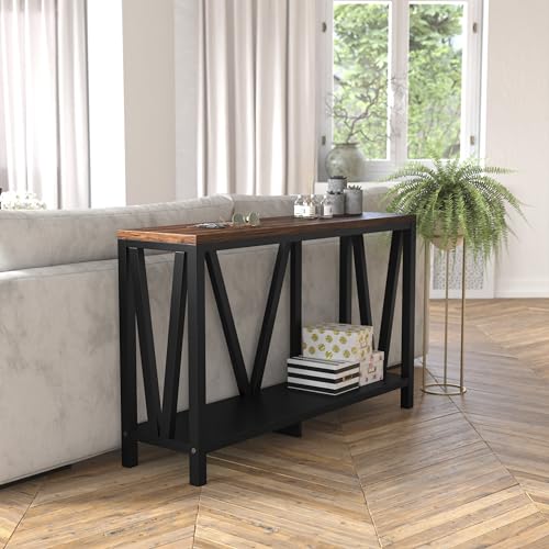 BizChair Farmhouse 2-Tier Console Table - Black Finish Engineered Wood Frame - Walnut Finish Tabletop - for Entryway or Living Room