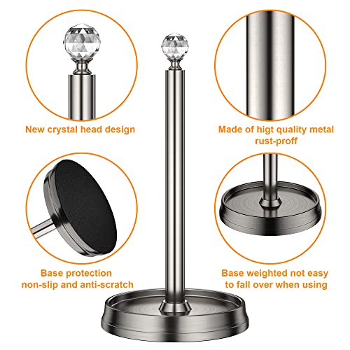 KASUNTO Paper Towel Holder with Crystal Ball - Steel Countertop Stand, Fits Standard & Jumbo Rolls, Brushed Nickel