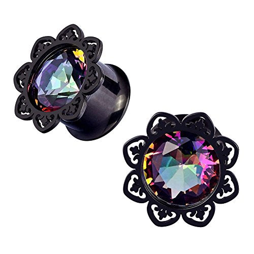 Qmcandy 2pcs 0g-1" Stainless Steel Lotus Edge Crystal Ear Gauges Piercing 00g