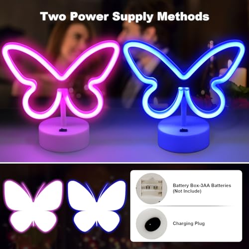 BRIGHTDECK 2 Pack Butterfly Neon Signs, LED Pink Butterfly Neon Sign Battery or USB Powered Decoration Lamp, Neon Lights Heart Decor for Valentines Day, Bedroom, Wedding, Party, Pink Room Decor