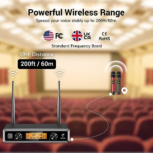 TONOR Wireless Microphone System, Professional Metal Cordless Karaoke Microphones, Handheld Dynamic Mic Set with Receiver for Party, Meeting, KTV, Church, DJ, Wedding, Singing, 200ft, TW820 Black