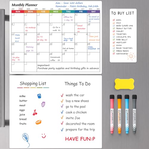 3 Pack Dry Erase Magnetic Calendar Whiteboard for Refrigerator - Monthly Calendar +Large Blank White Board + Small Blank Daily Planner Board - Magnet Family Planning Schedule Board for Fridge, 14"x11"