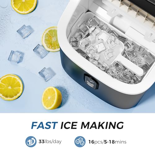 Kismile Ice Maker Countertop, Portable Ice Cube Maker Machine with 1.5L Detachable Water Tank, 33Lbs/Day, 16Pcs/5Mins, 24H Timer, Self-Cleaning Small Ice Maker, Ice Machine Maker for Home,Office,Party