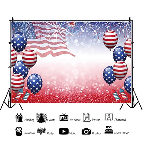 DASHAN 5x3ft Polyester Independence Day Patriotic Backdrop 4th of July Photography American Flag Fireworks Balloons Background for Memorial National Veterans Day Party Cake Table Decor Booth Props