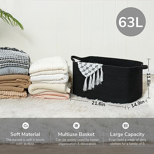 Goodpick Large Laundry Basket, Blanket Basket Living Room, Storage Basket for Toys, Towels, Woven Baskets for Storage, Rope Basket, Dirty Clothes Basket, Rectangle Basket, 21.6" x 14.9" x 11.8", Black