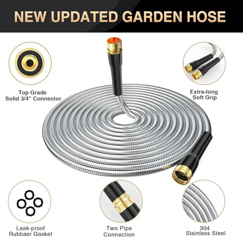 Garden Hose 50ft, Metal Water Hose with 10 Function Nozzle - Flexible Metal Garden Hose, Kink Free, Lightweight and Sturdy Water Hose, Metal Hose for Yard, 3/4" Fittings Metal Hose