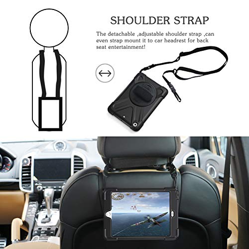 BRAECN iPad Mini 3/ Mini 2 Case] Full Body [Shock Proof for Kids Case] -360 Degrees Swivel Stand and Hand Grip Strap/a Shoulder Strap for Kids Black