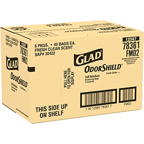 Glad Trash Bags, ForceFlex Tall Kitchen Drawstring Garbage Bags, Fresh Clean, 13 Gal, 40 Ct (Package May Vary)