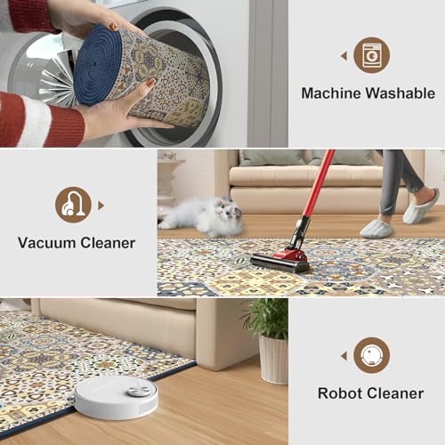 JUSTWOOF Machine Washable Boho Area Rug,2x3 Entry Rug Non-Slip Indoor Door Mat,Non-Shedding Faux Wool Low-Pile Throw Rugs for Bedroom Kitchen Entryway Bathroom Decor(Blue, 2x3ft)