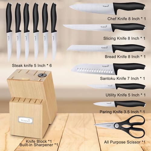 Premium kitchen Chef Knife Set,High Carbon Stainless Steel Ultra Sharp Blade Ergonomic Handle,Block Knife Set with Built-in Sharpener,Elegant Gift for Holiday(Black,15PCS)