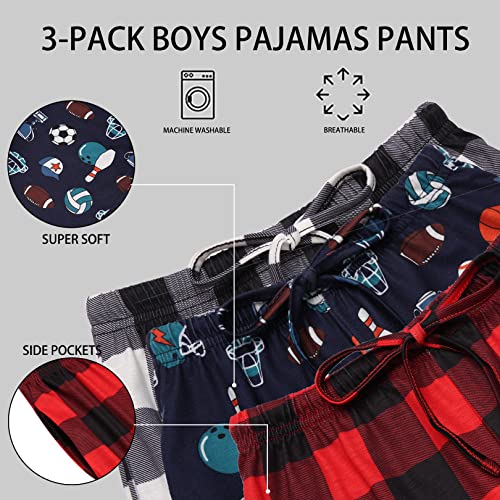 Ekouaer Boys Pajama Pants 3 Pack Sleep Pants Soft Elastic Waist Kids Pajama Bottoms Plaid Lounge Pants with 2 Pockets