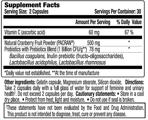 vH essentials Probiotics with Prebiotics and Cranberry Feminine Health Supplement - 60 Capsules