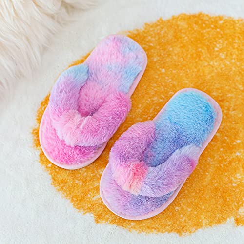 techcity Boys Girls Fuzzy Flip Flop Slippers Kids Cute Soft Comfy Open Toe Fluffy Slip On Thong Flat Sandals House Home Fur Slides Indoor Outdoor (9-10, Rainbow, numeric_9)