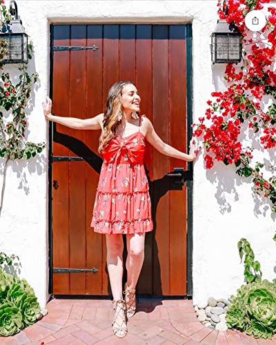 ECOWISH Womens Dresses Floral Spaghetti Strap Tie Knot Front Flowy Pleated Mini Swing Dress Red S