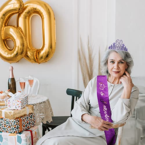 CIEHER 60th Birthday Sash and Tiara Set - Purple Decorations, Women's Crown, and '60 and Fabulous' Sash Gift