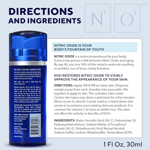 N1O1 Nitric Oxide Activating Serum with Antioxidants Wrinkel Repair Hydrating Serum For Face Pore Minimizer | Improves Skin Texture | Helps Dark Spots | 1 Fl Oz, 30ml