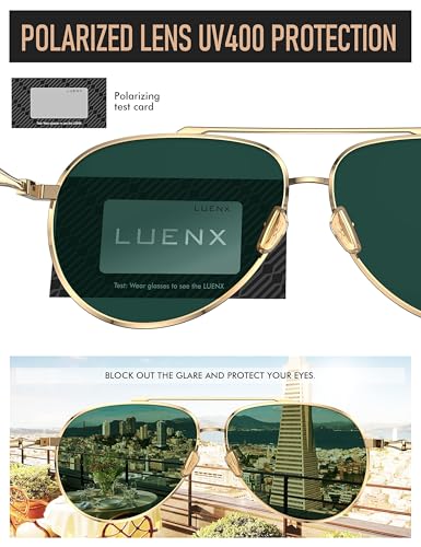 LUENX Aviator Sunglasses for Women Men Polarized - UV 400 Protection Purple Mirrored Lens Metal Frame with Accessories