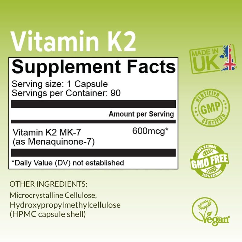 NutriZing K2 Vitamin Supplement MK-7 - High Strength 600mcg - Supports Bone & Arterial Health - 90 Vegan Capsules - Vitamin K2 for Men & Women - 3 Month Supply