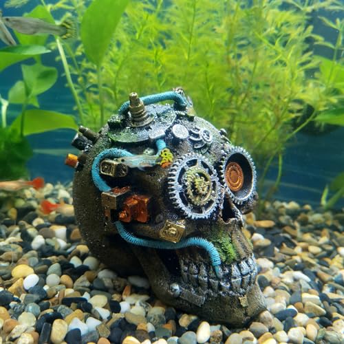 RVQIGYP Aquarium Decoration Creative Fish Tank Decoration Machine Skeleton Decoration Fish and Shrimp Dodge House Beta Fish Tank Decoration Halloween Skeleton (Mechanical Skull)