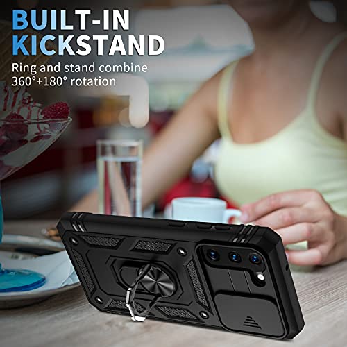 PASNEW for S21 5G Case with Kickstand & Camera Cover Slide & Charge Port Dust Plug,Military Rugged Heavy Duty Full Body Shockproof Protection Hard Shell for Samsung Galaxy S21,6.2 inch,Black