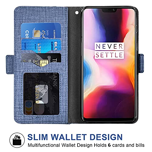 Asuwish Phone Case for OnePlus 6 Wallet Cover with Tempered Glass Screen Protector and Wrist Strap Flip Card Holder Slot Stand Cell OnePlus6 A6000 One Plus6 1 Plus 1plus Six One+ 1+ 6 Women Men Blue