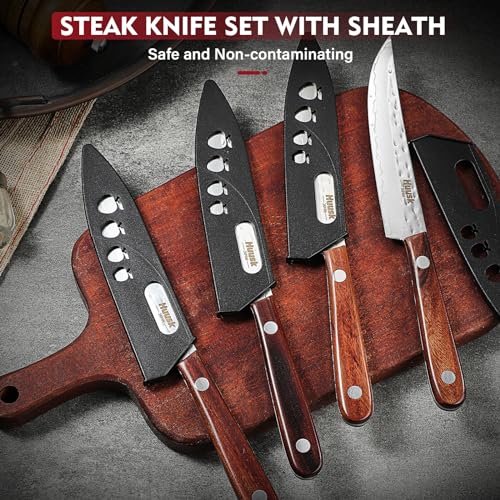 Huusk Knife Set, Steak Knives Set of 4, Japanese Steel Kitchen Steak Knives 4.9 Inch With Wood Handle, Non-serrated Meat Knife with Damascus Pattern, Full Tang Dinner Knife With Gift Box