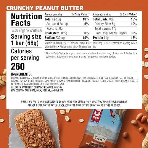 CLIF BAR - Crunchy Peanut Butter - Made with Organic Oats - Energy Bars - Non-GMO - Plant Based Protein Bars (15 Pack)