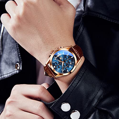 OLEVS Men's Watches Auto Date Multi-Function Rose Gold Quartz Watch for Men Blue Face Brown Leather Strap Casual Mens Chronograph Watches Water Resistant Easy Read Aviator Men's Cuff Watch for Father